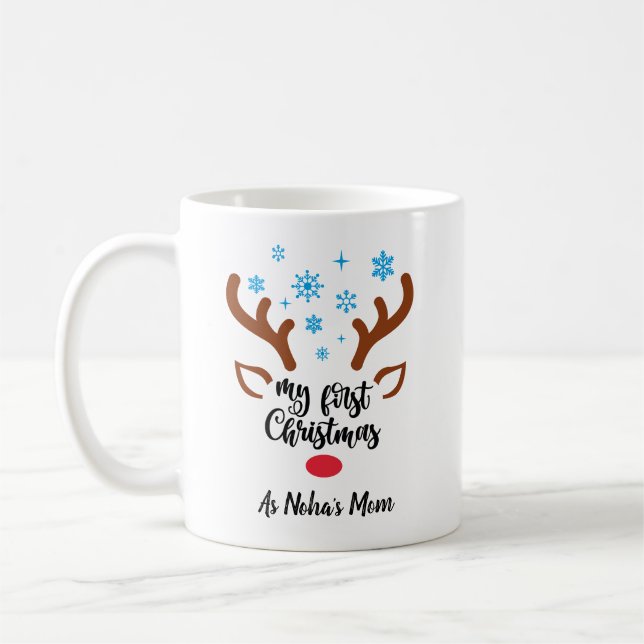 Personalised My First Christmas reindeer Baby  Coffee Mug (Left)