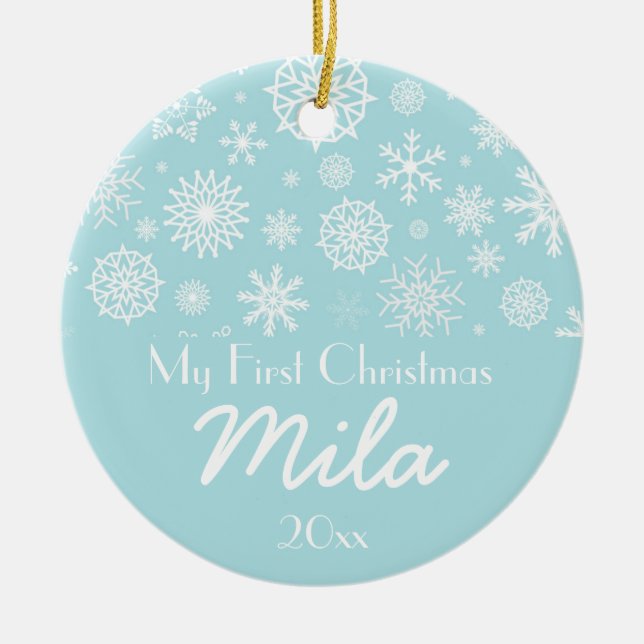 Personalised My First Christmas Winter Snowflake 1 Ceramic Tree Decoration (Front)