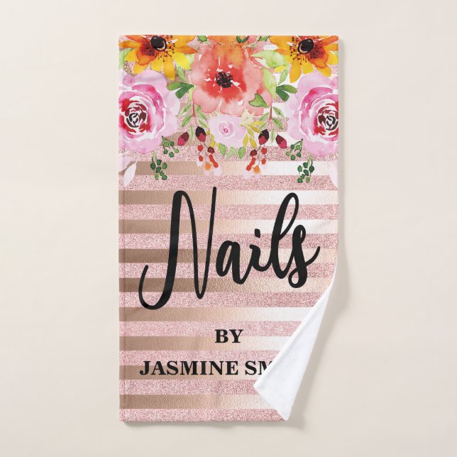 Personalised Nails Rose Gold Glitter Floral Hand Towel (Hand Towel)