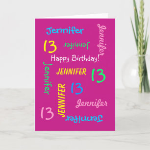Personalised Name, 13th Birthday, Pink Greeting Card