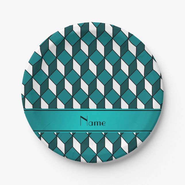 Personalised name 3d turquoise squares paper plate (Front)