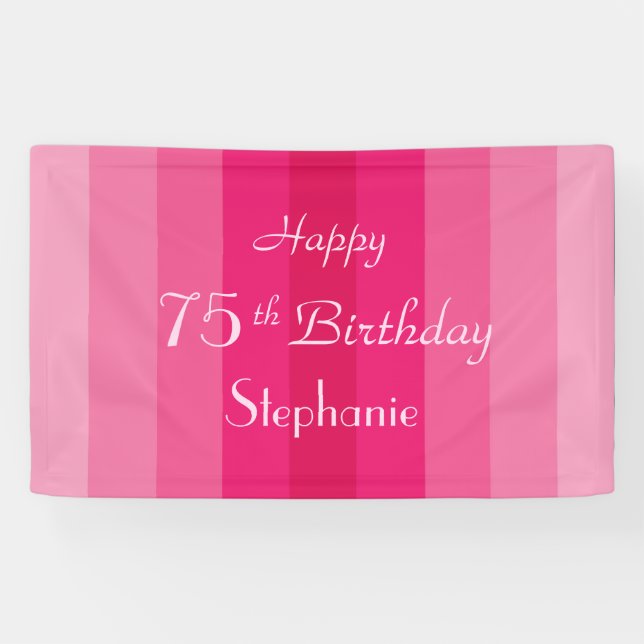 Personalised Name 75th Birthday Pink Stripe Banner (Horizontal)