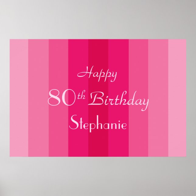 Personalised Name 80th Birthday Pink Stripes Poster (Front)