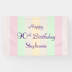 Personalised Name 90th Birthday Pastel Stripe  Banner