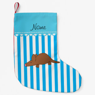 Personalised name aardvark blue white stripes small christmas stocking