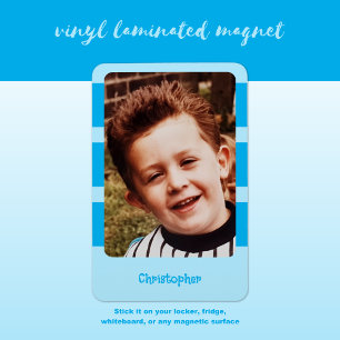 Personalised name add photo with blue stripes magnet