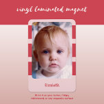 Personalised name add photo with pink stripes magnet<br><div class="desc">Show off your style with a custom fridge magnet! This cool magnet lets you add your favourite photo and name on a pale pink background with pink stripes. The laminate keeps your photo protected from scratches and fading, so it'll look great for ages. Perfect for your fridge, locker, or anywhere...</div>