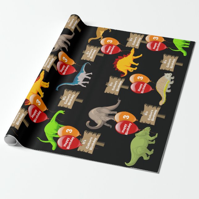 Personalised Name & Age Dinosaur Birthday Wrapping Paper (Unrolled)