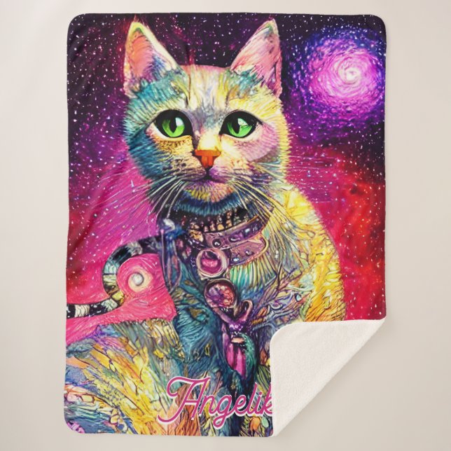 Personalised Name Airbrush Pink Cat Sherpa Blanket (Front)