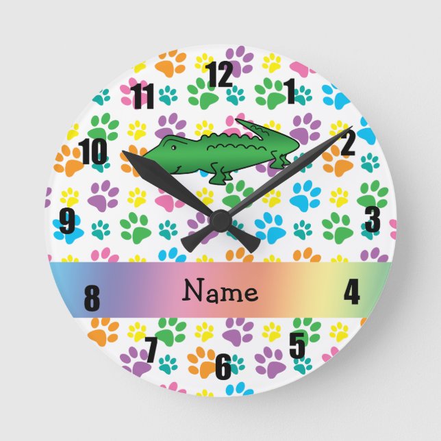 Personalised name alligator rainbow paws round clock (Front)