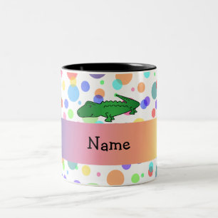 Personalised name alligator rainbow polka dots Two-Tone coffee mug
