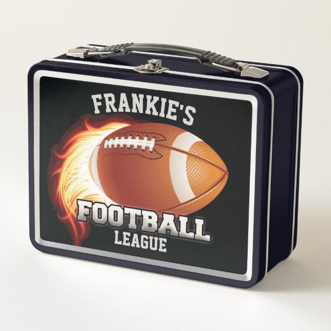 Personalised NAME American Football Flames Sports Metal Lunch Box (Front)