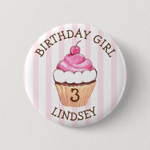 Personalised Name and Age Birthday Girl Cupcake 6 Cm Round Badge