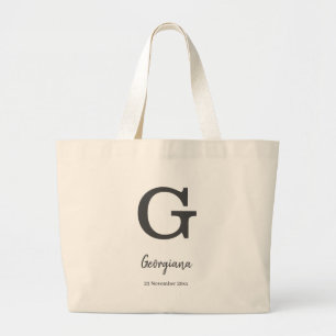 Personalised name and date monogram letter “G" Large Tote Bag