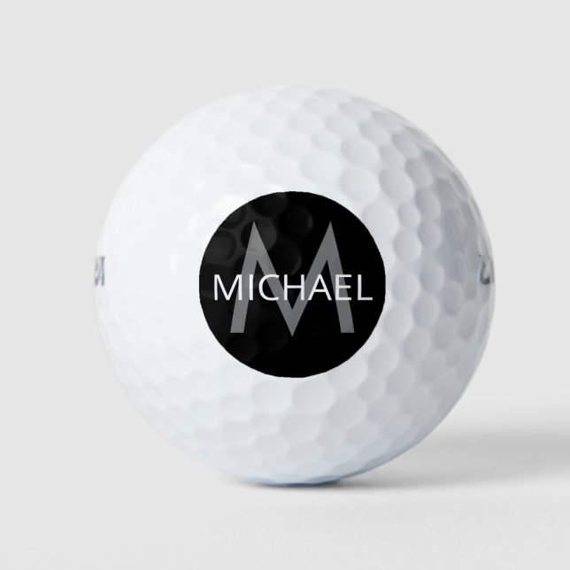 Personalised Name and Initial Monogram Black Grey Golf Balls (Front)