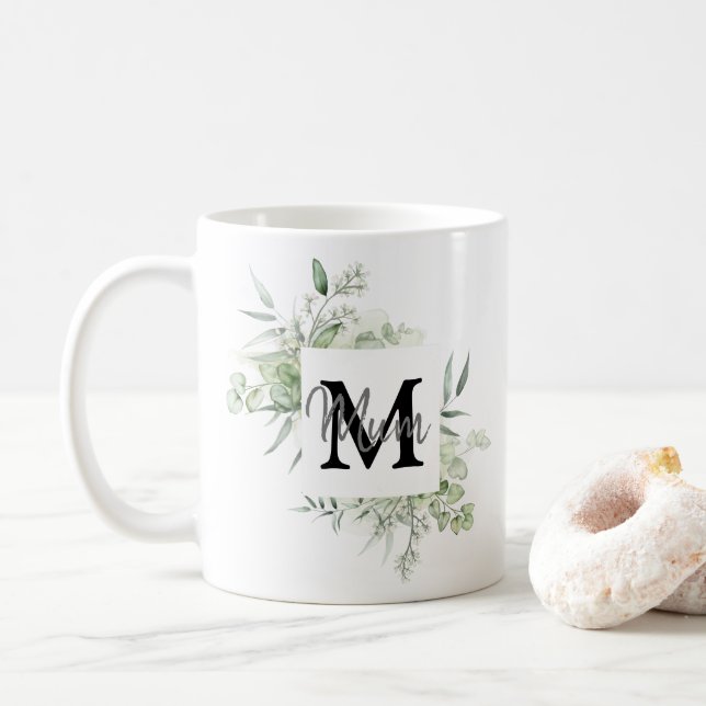 Personalised Name and Initial Mug with Greenery (With Donut)