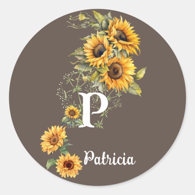 Personalised Name and Initial Sunflowers Yellow Classic Round Sticker (Front)