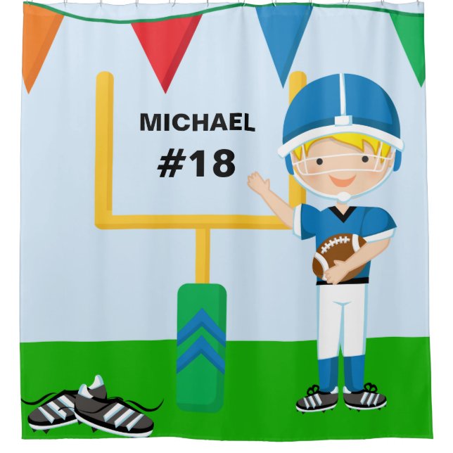 Personalised Name and Number Blue Football Player Shower Curtain (Front)