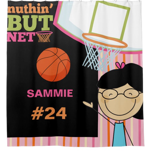 Personalised Name and Number Girls Basketball Shower Curtain (Front)