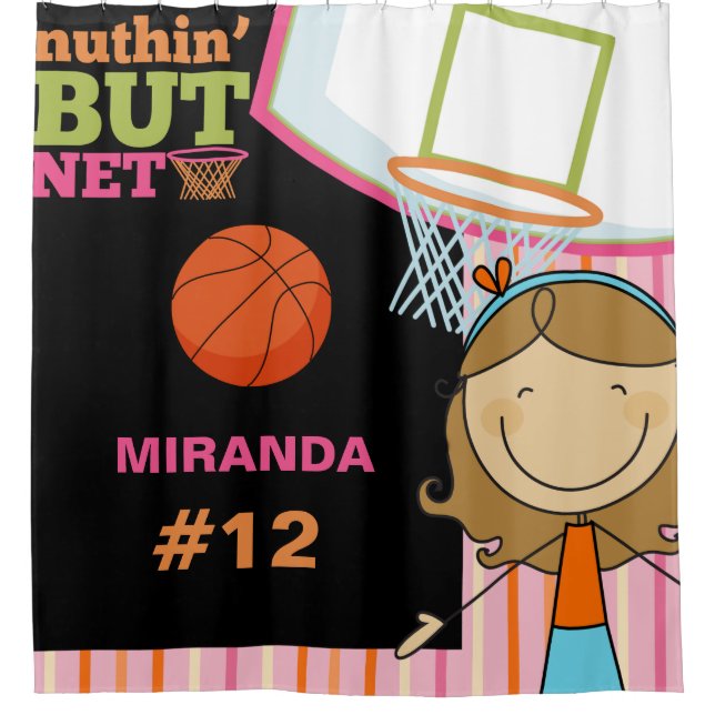 Personalised Name and Number Girls Basketball Shower Curtain (Front)
