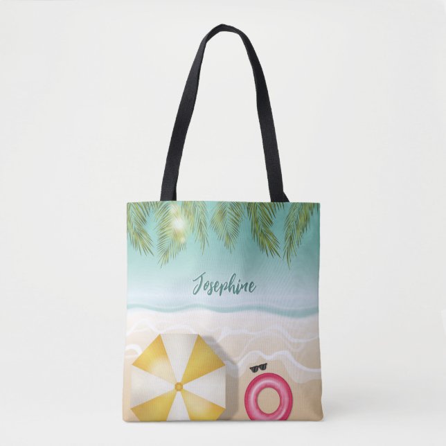 Personalised Name And Tropical Beach Palm Leaves Tote Bag (Front)
