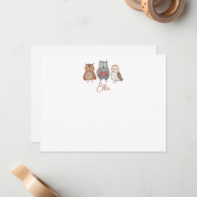 Personalised Name and Watercolor Owl  Card (Front/Back In Situ)