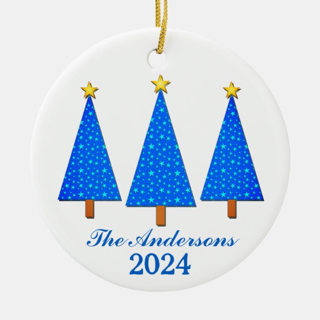 Personalised Name and Year Blue Christmas Trees Ceramic Tree Decoration (Front)