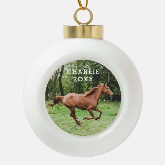 Personalised Name and Year Horse Photo Ceramic Ball Christmas Ornament (Front)
