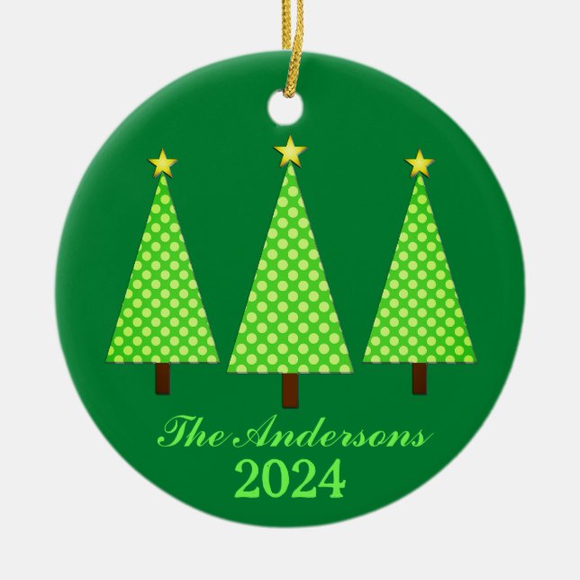 Personalised Name and Year Lime Christmas Trees Ceramic Tree Decoration (Front)
