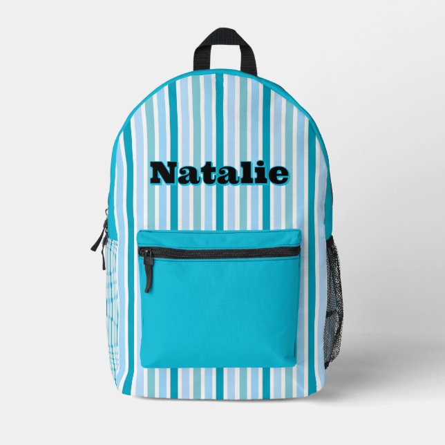 Personalised Name AQUA BLUE LINE STRIPES Printed Backpack (Front)