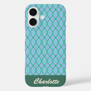 Personalised Name Aqua Blue Vintage Geometric  iPhone 16 Case