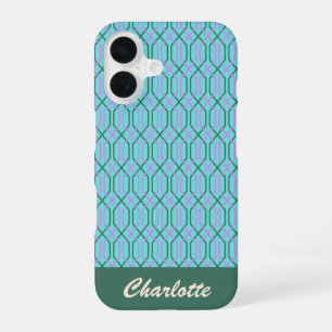 Personalised Name Aqua Blue Vintage Geometric iPhone 16 Case