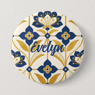 Personalised Name Art Deco Navy Blue & Gold Floral 7.5 Cm Round Badge