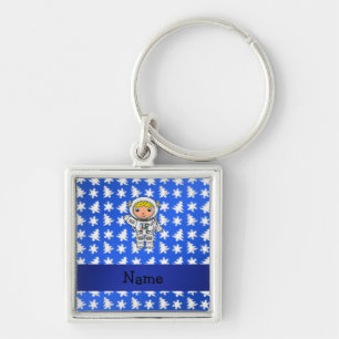 Personalised name astronaut blue snowflakes trees key ring