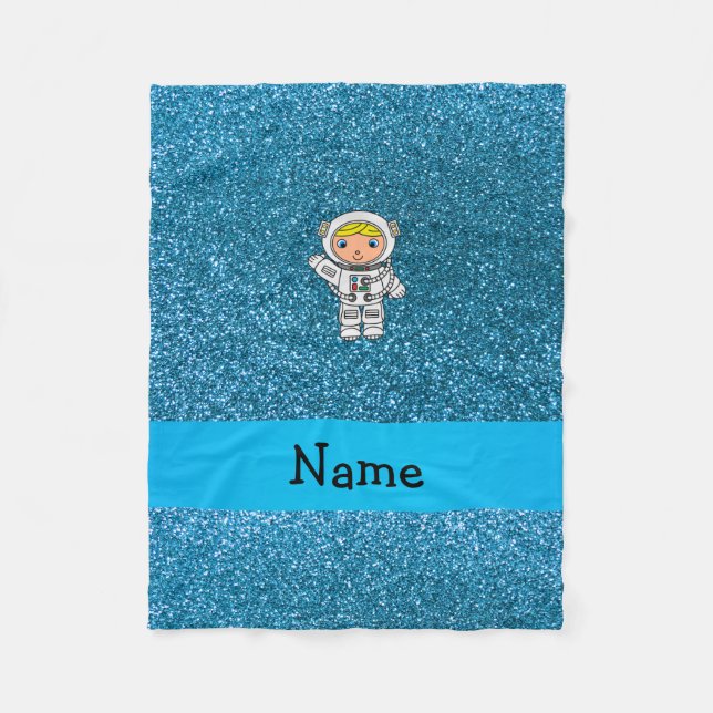 Personalised name astronaut sky blue glitter fleece blanket (Front)