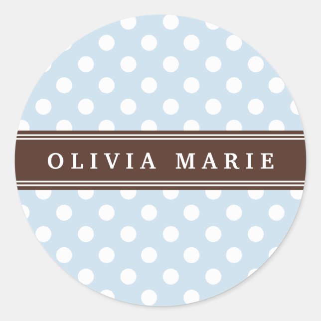 Personalised Name Baby Blue Polka Dots Pattern Classic Round Sticker (Front)
