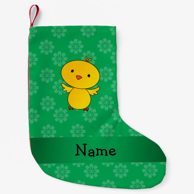 Personalised name baby chick green flowers small christmas stocking (Front)