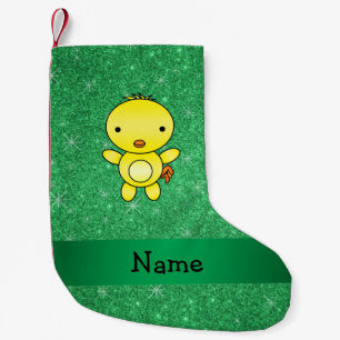 Personalised name baby chick green glitter small christmas stocking