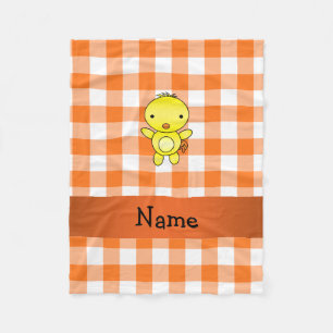 Personalised name baby chick orange gingham fleece blanket
