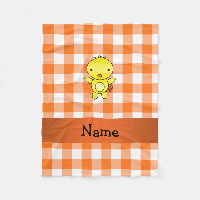 Personalised name baby chick orange gingham fleece blanket (Front)