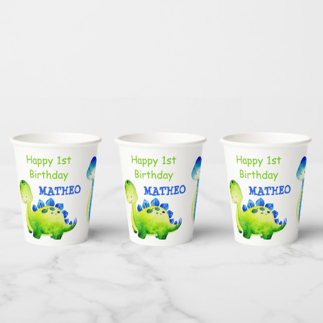 Personalised name baby dinosaur party  paper cups (Multi)