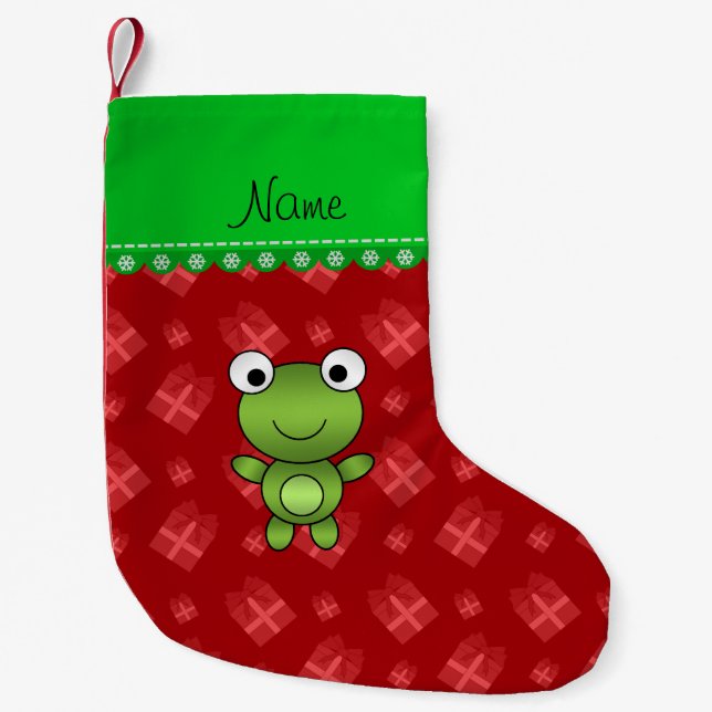 Personalised name baby frog red christmas presents small christmas stocking (Front)