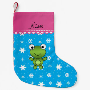 Personalised name baby frog sky blue snowflakes small christmas stocking