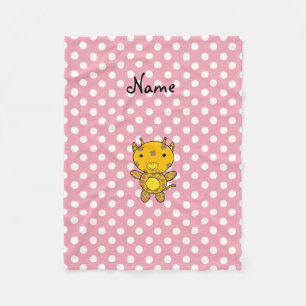 Personalised name baby giraffe pink polka dots fleece blanket