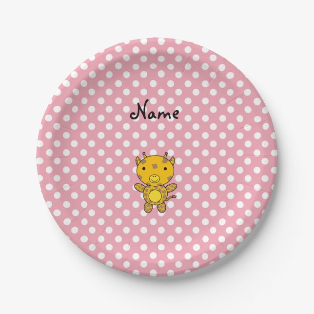 Personalised name baby giraffe pink polka dots paper plate (Front)