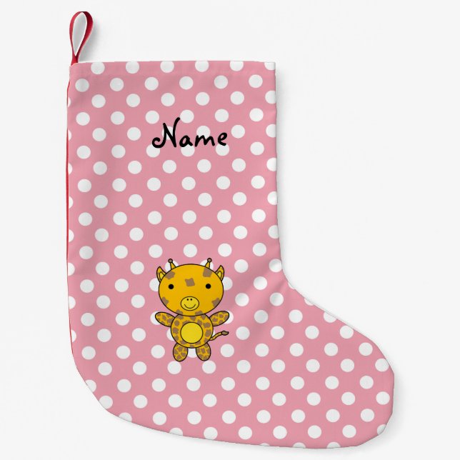 Personalised name baby giraffe pink polka dots small christmas stocking (Front)
