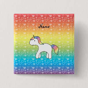 Personalised name baby unicorn rainbow hearts 15 cm square badge