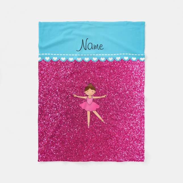 Personalised name ballerina neon hot pink glitter fleece blanket (Front)