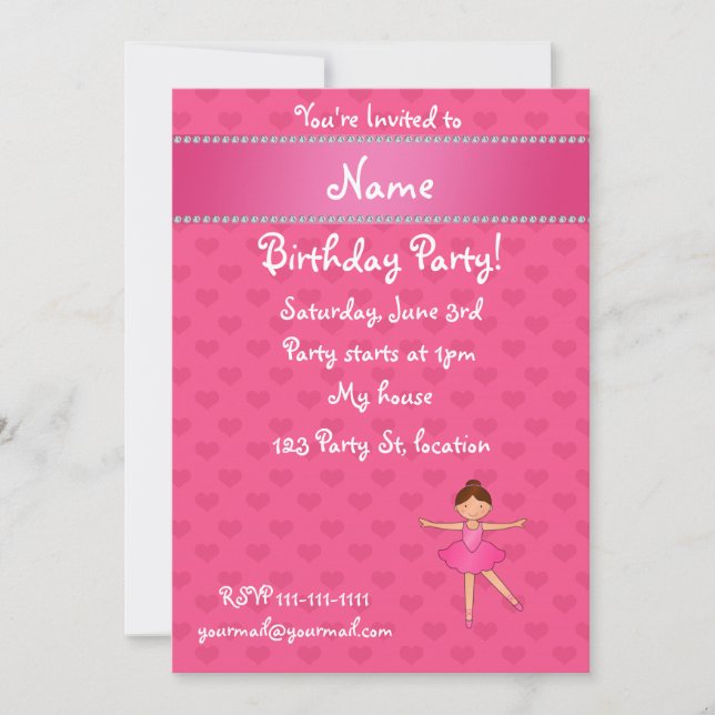 Personalised name ballerina pink hearts invitation (Front)