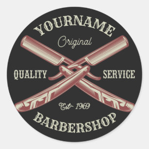 Personalised NAME Barber Straight Razor Barbershop Classic Round Sticker